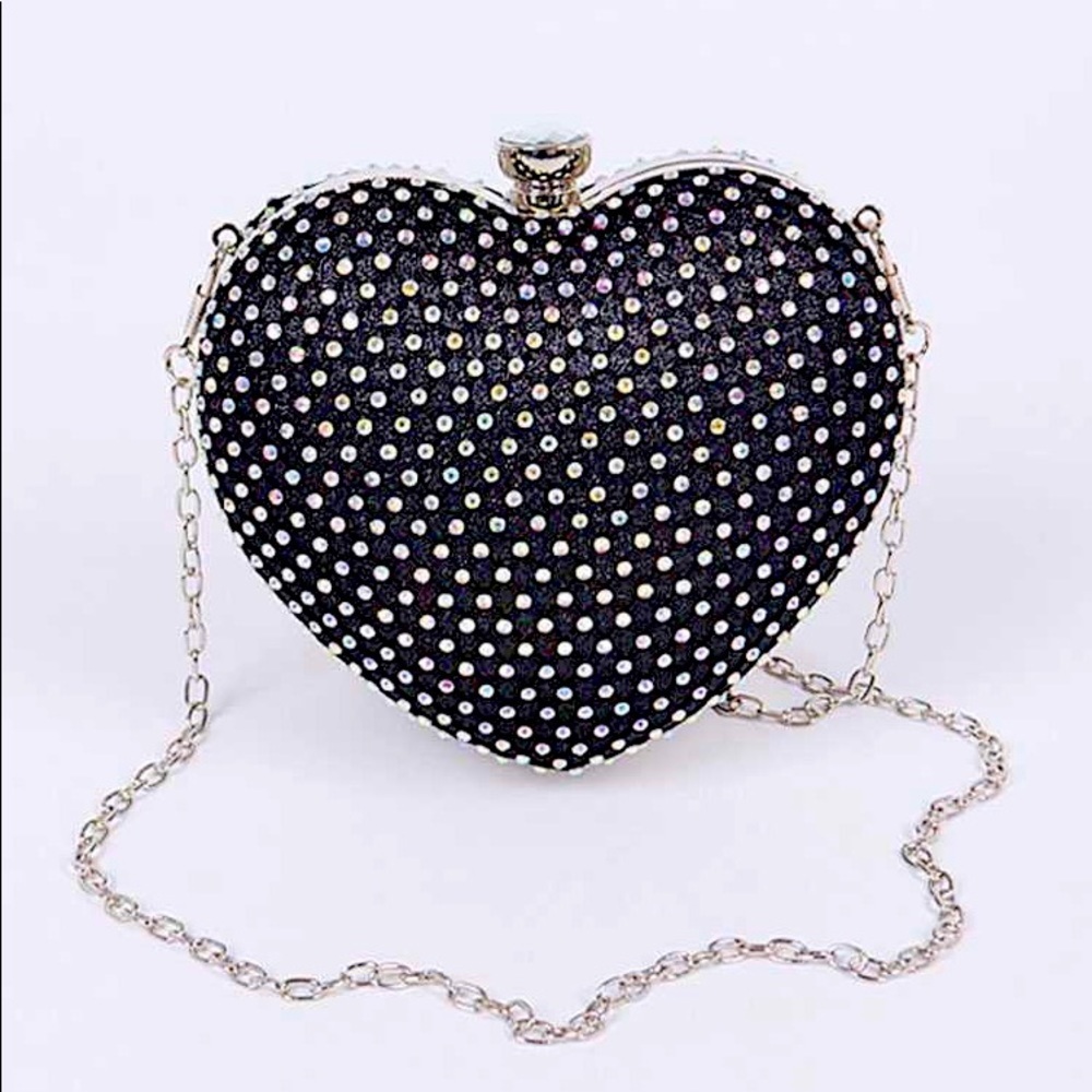 TRENDY BLACK MESH RHINESTONE HEARTBOX GOLD STRAP CHAIN CLUTCH CROSSBODY BAG
